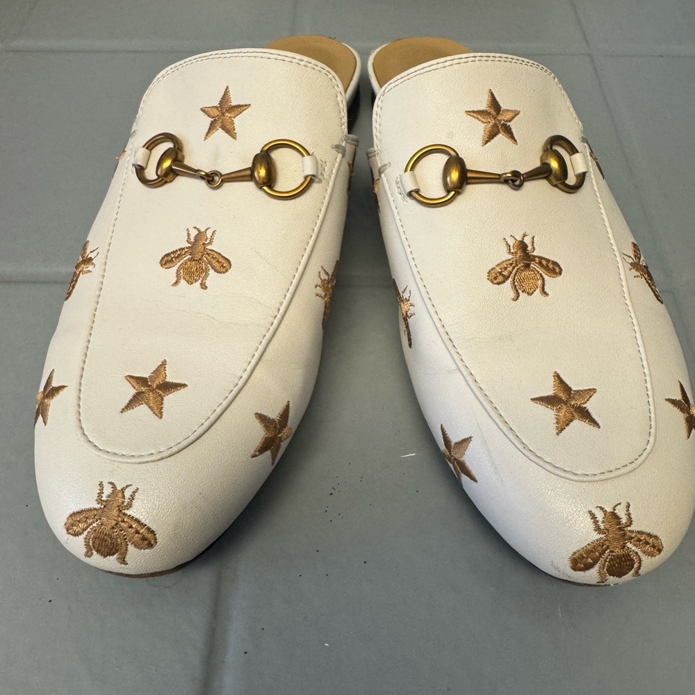 Elegant Cream Mules with Gold Bee Embroidery